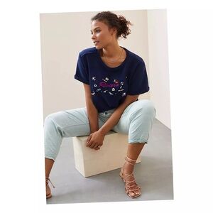 NWT Anthropologie Maeve Beach Embroidered "Riviera" Sweatshirt Tee size L.